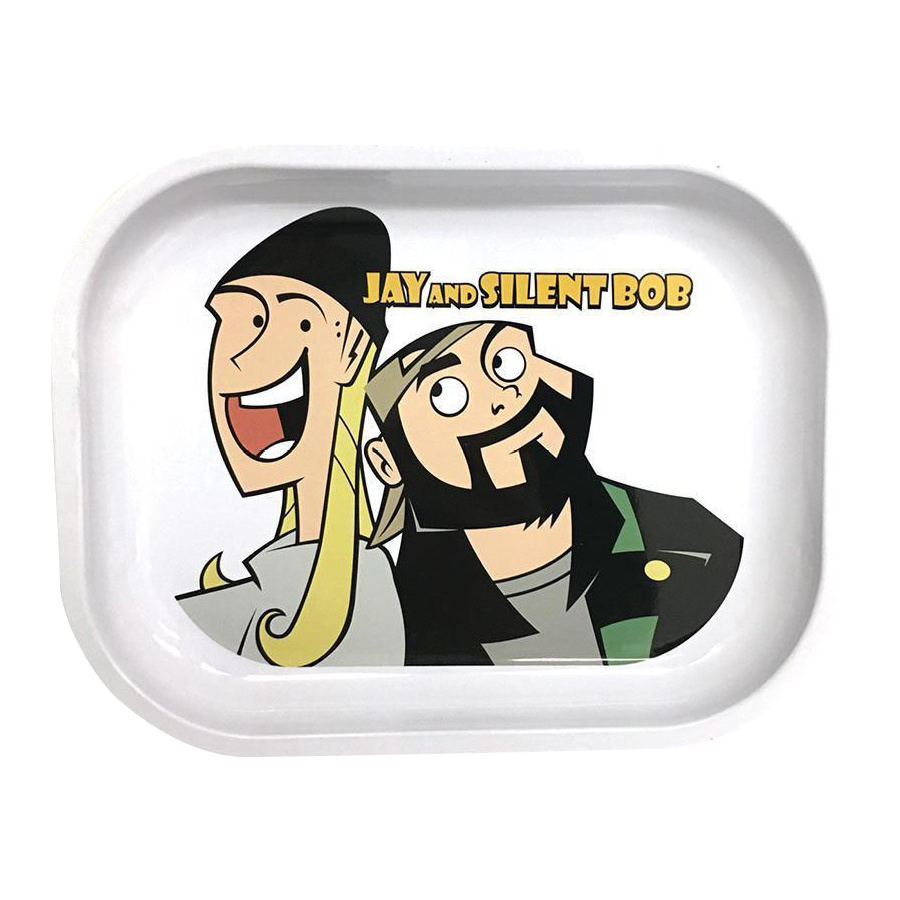 The Jay and Silent Bob Rolling Tray features a close-up illustration of the iconic duo against a white background.