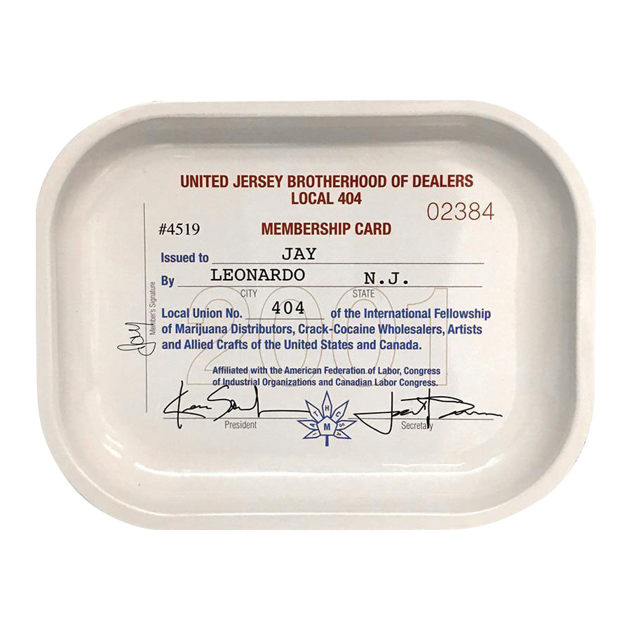 Top-down view of the Jay and Silent Bob "Signature" Rolling Tray showing a white rectangular tray printed with a mock "United Jersey Brotherhood of Dealers Local 404" membership card design.