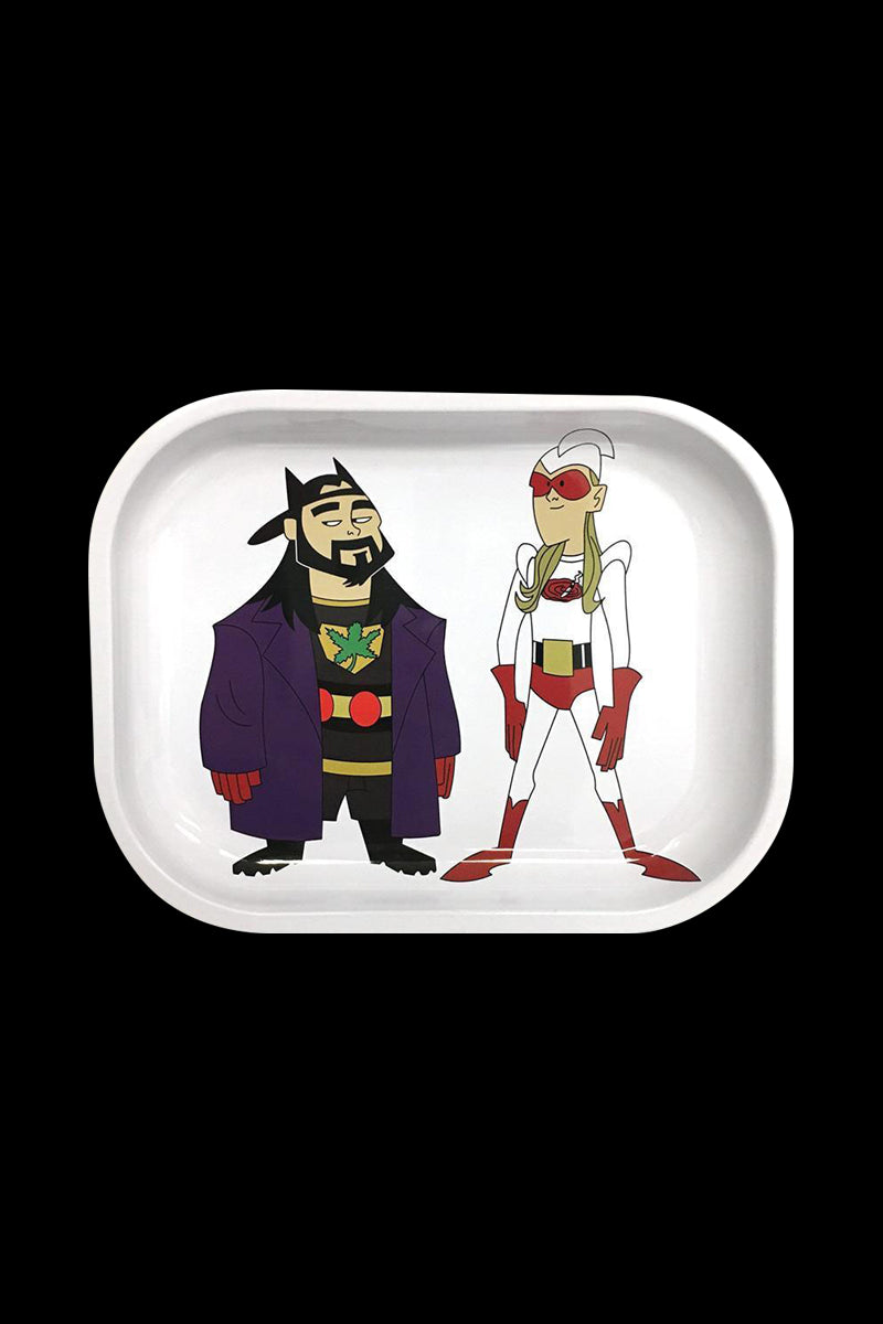 Top-down view of a white Jay and Silent Bob "Bluntman & Chronic" Rolling Tray showing cartoon duo centered on a black background