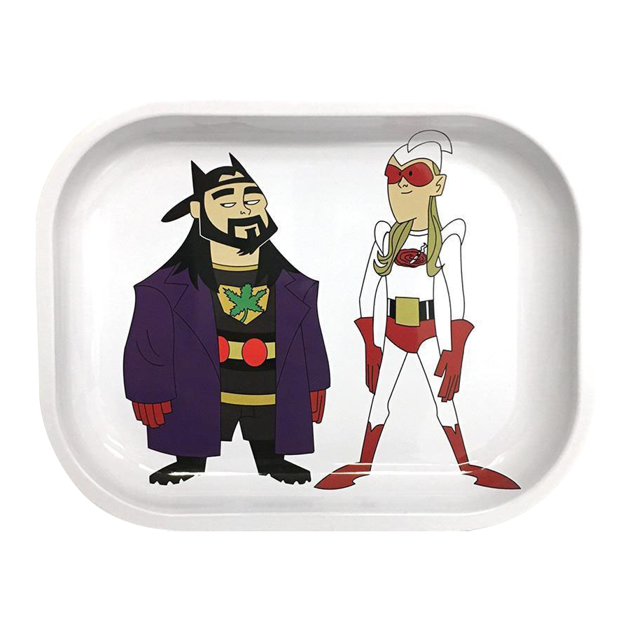 Top-down view of a white Jay and Silent Bob "Bluntman & Chronic" Rolling Tray featuring cartoon duo characters in purple coat and white superhero suit.
