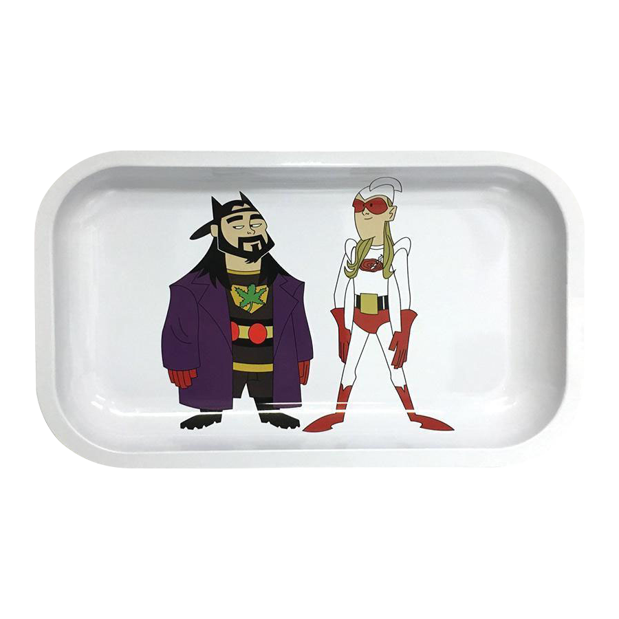 Top-down view of a white Jay and Silent Bob "Bluntman & Chronic" Rolling Tray showing cartoon Bluntman in purple coat beside Chronic in white and red costume.
