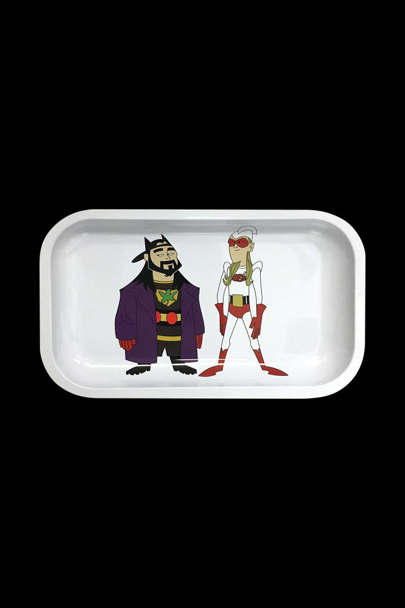 Top-down view of a white Jay and Silent Bob "Bluntman & Chronic" Rolling Tray featuring cartoon duo artwork centered against a black background