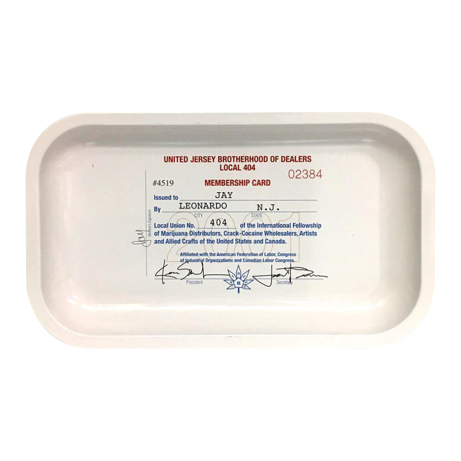 Top-down view of the Jay and Silent Bob "Signature" Rolling Tray showing a white tray with a printed vintage-style membership card graphic centered inside.