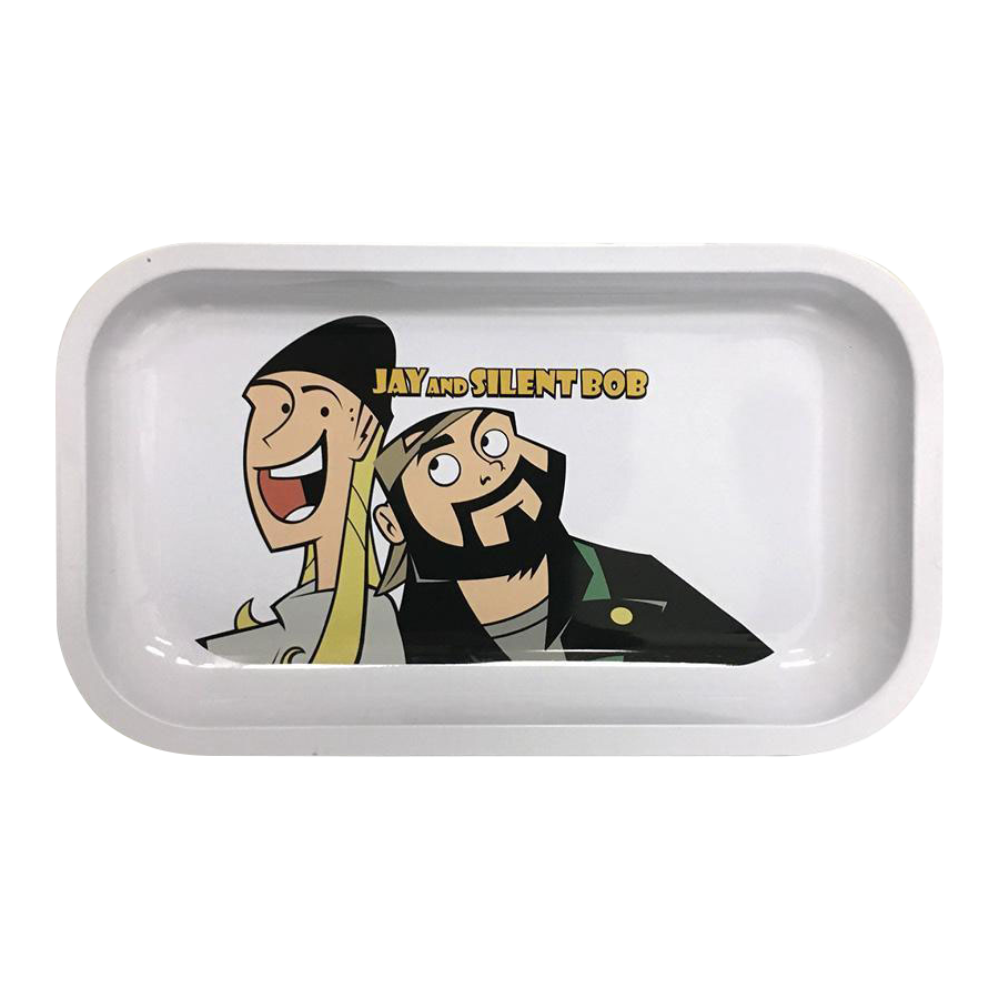 Overhead view of the Jay and Silent Bob Rolling Tray featuring a full-color graphic of the iconic duo.