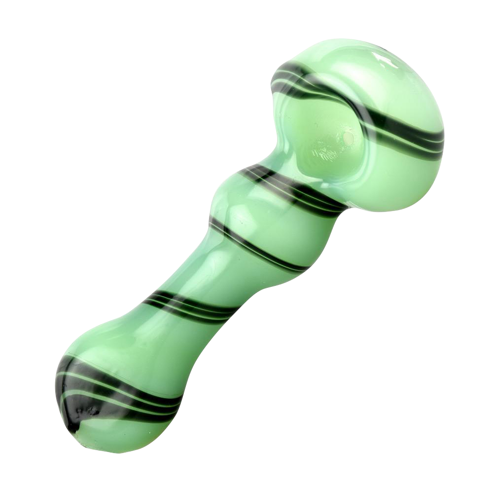 A close-up, angled view of the Jade Green Black Swirl Spoon Pipe, showcasing its smooth, swirling glass design.