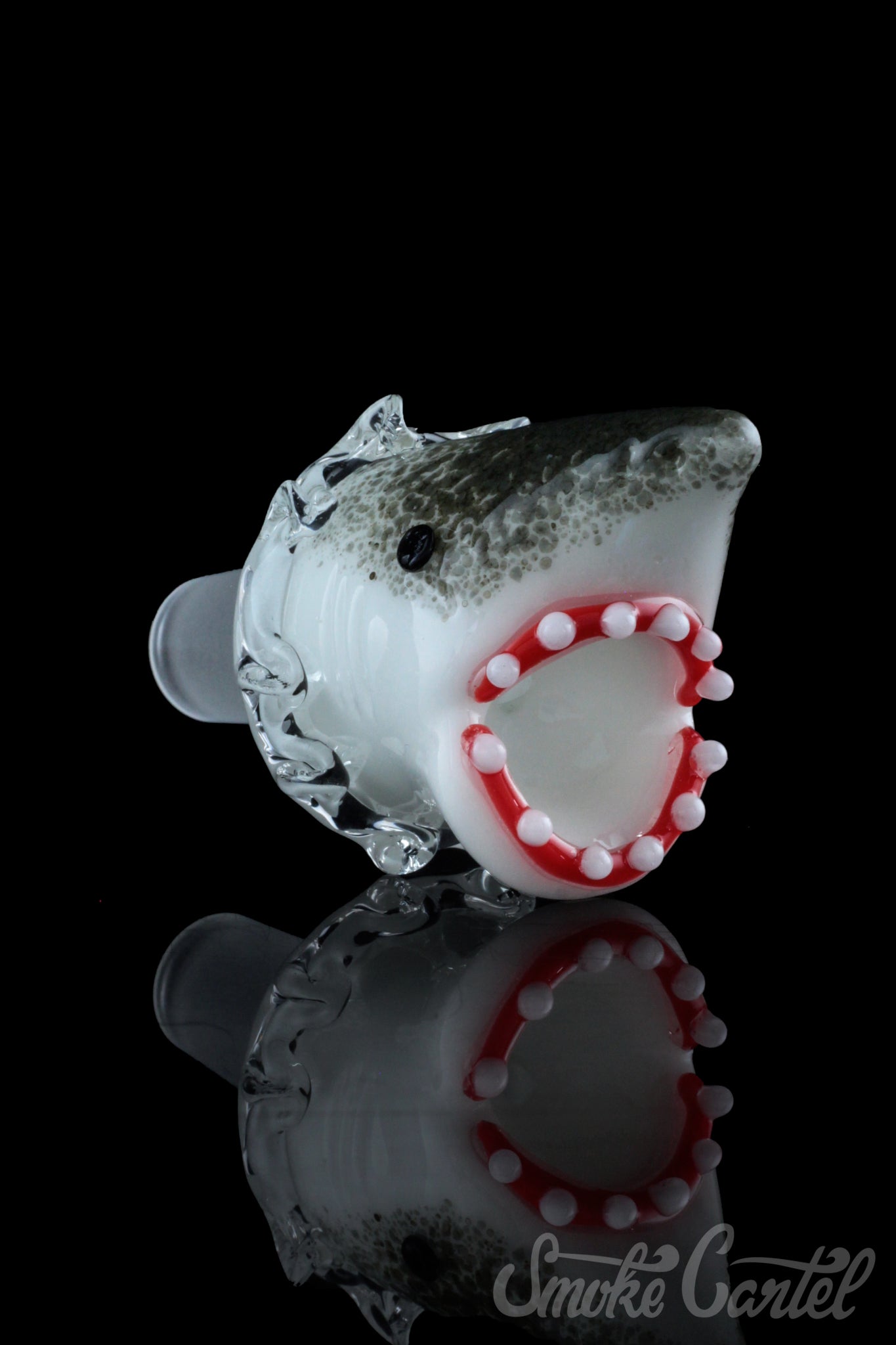 A close-up studio shot of the Empire Glassworks "Jawsome" Bowl Piece, showcasing its shark-inspired design and glossy finish.