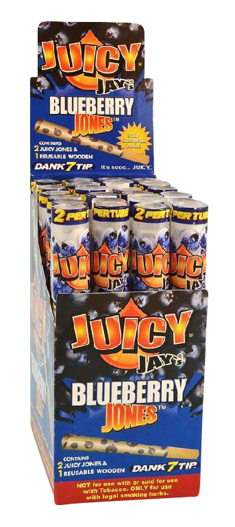 Front view of a 24-pack of Juicy Jays Pre-Rolled Cones in a colorful display box, showing the brand logo and product name on the packaging.