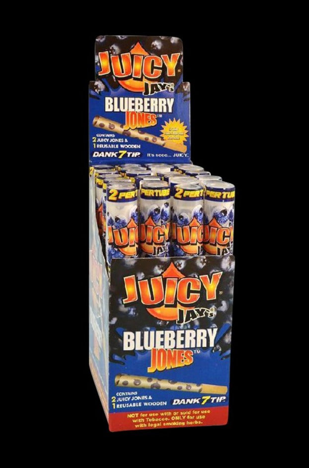 A front view of the 24-pack of Juicy Jays Pre-Rolled Cones, showcasing a colorful box with branding details and a blue filter tip.