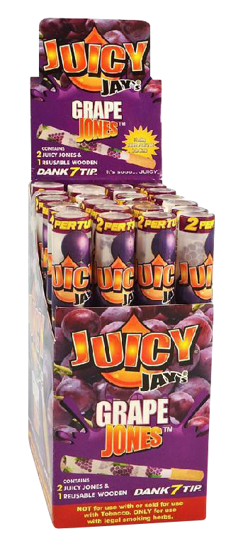 A close-up of the packaging for Juicy Jays Pre-Rolled Cones, displaying vibrant purple graphics and the quantity of 24.
