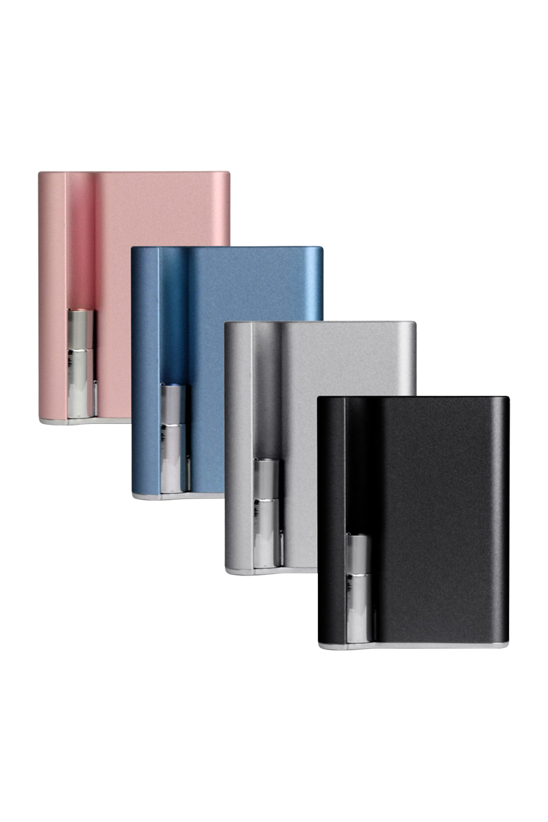 Angled front view of four Jupiter CCell Palm Cartridge Battery units in rose gold, blue, silver, and black arranged in a stepping row.