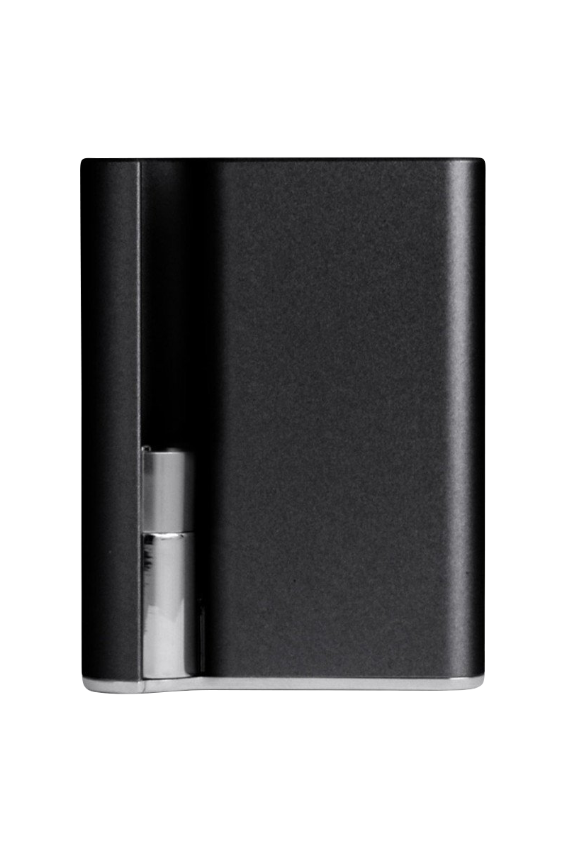 Front-facing close-up of a matte black Jupiter CCell Palm Cartridge Battery with its chrome cartridge end visible in a recessed groove.