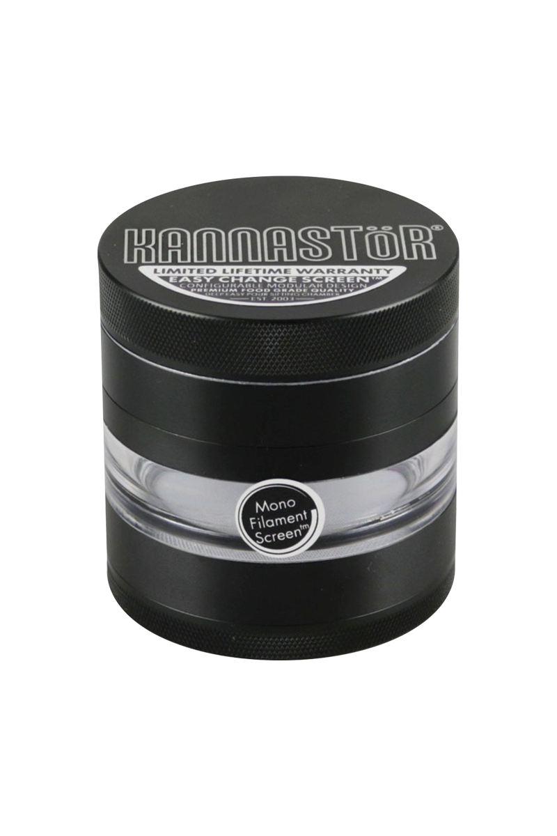 Close-up of the Kannastor 2.5" 4-Piece Grinder, showcasing its metallic finish and circular design against a black backdrop.