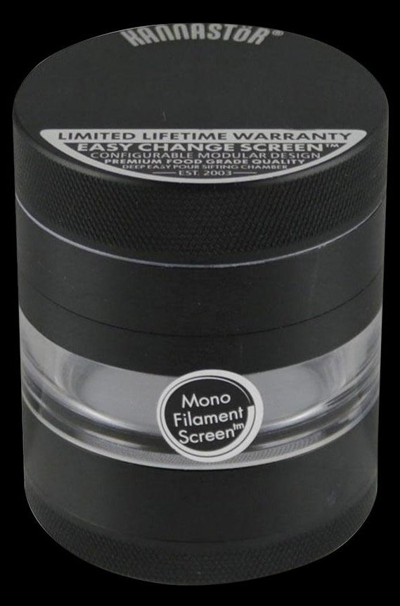 Front view of the Kannastor Jar Body 4 Piece Grinder, displaying branding on its dark-colored cylindrical shape.