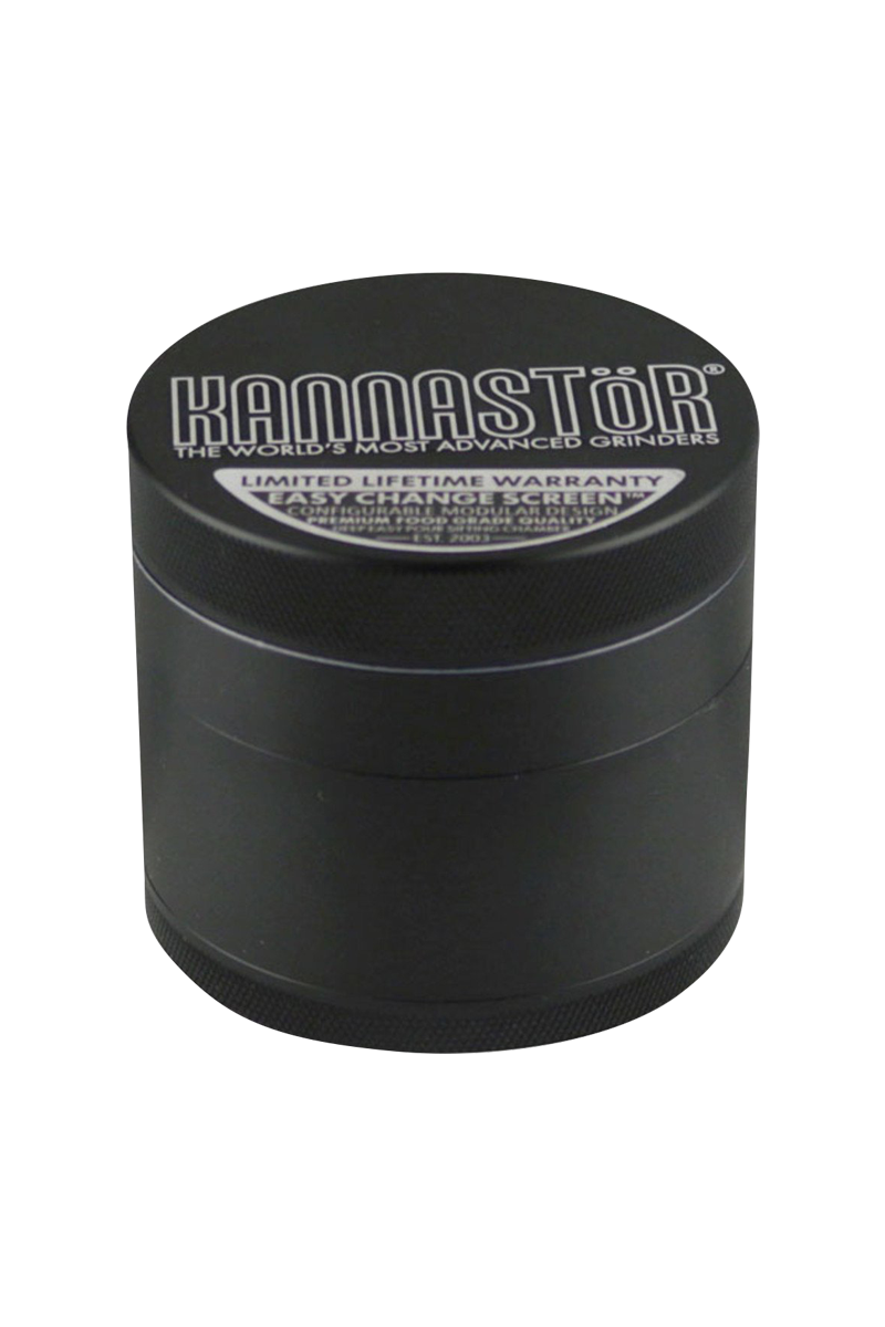 Front view of the Kannastor Multi Chamber 4pc 2.2" Grinder, showcasing its metallic finish and stacked chamber design.