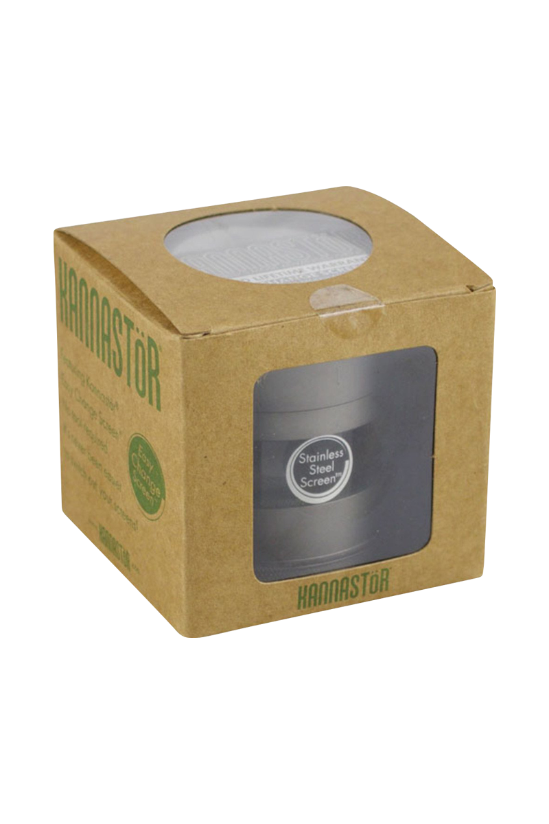 Front view of the Kannastor Gunmetal Multi Chamber Grinder, showcasing its metallic finish and cylindrical shape.