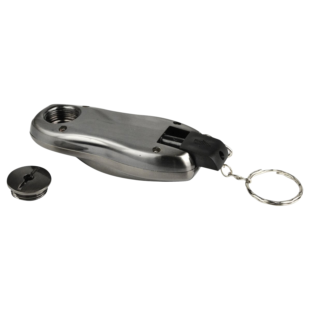 A slightly angled close-up of the Stealth "Car Key Fob" Secret Hand Pipe, revealing a dark, compact design with a metallic accent.