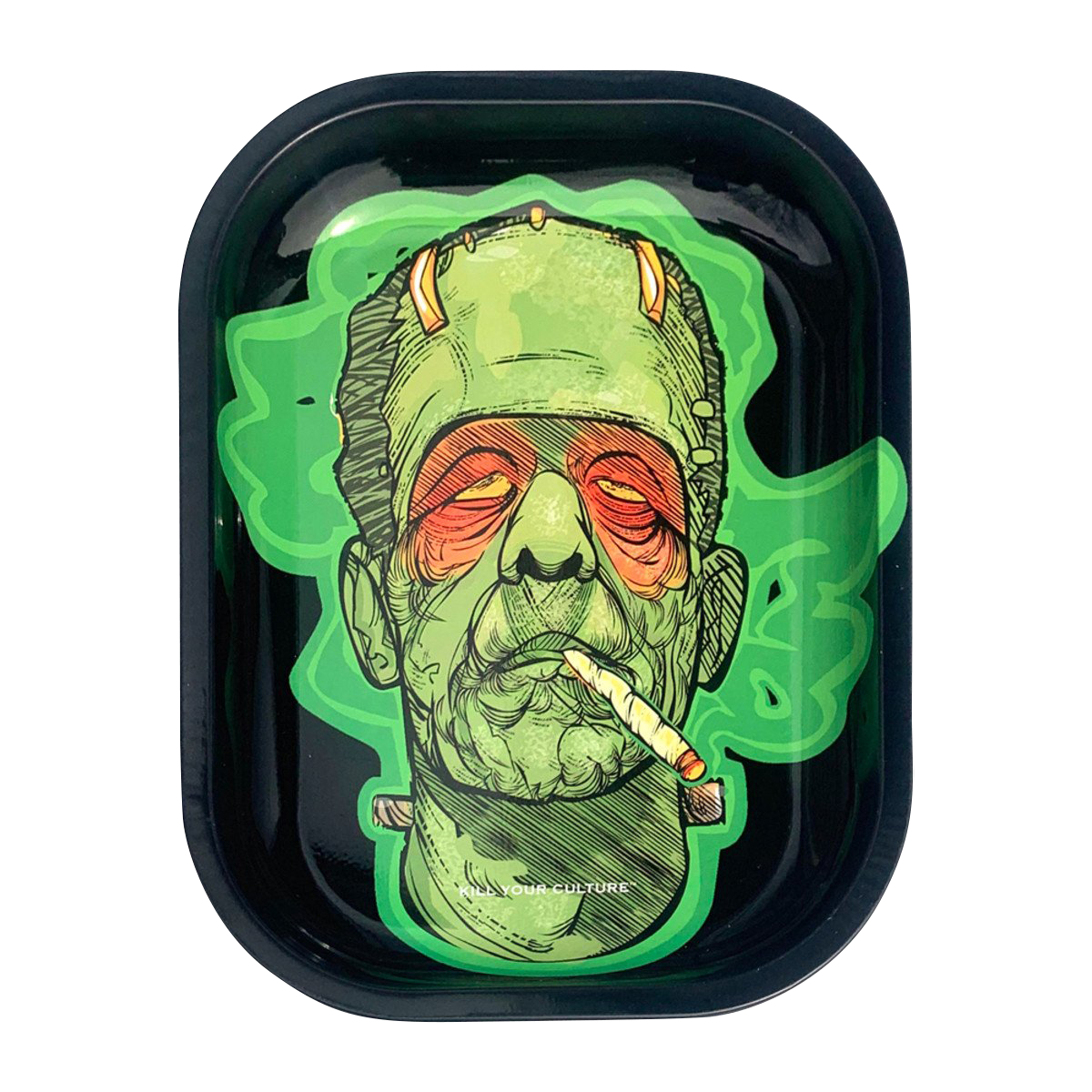A close-up of the "Kill Your Culture "Frankenstoned" Rolling Tray" featuring a green-toned Frankenstein-inspired design.