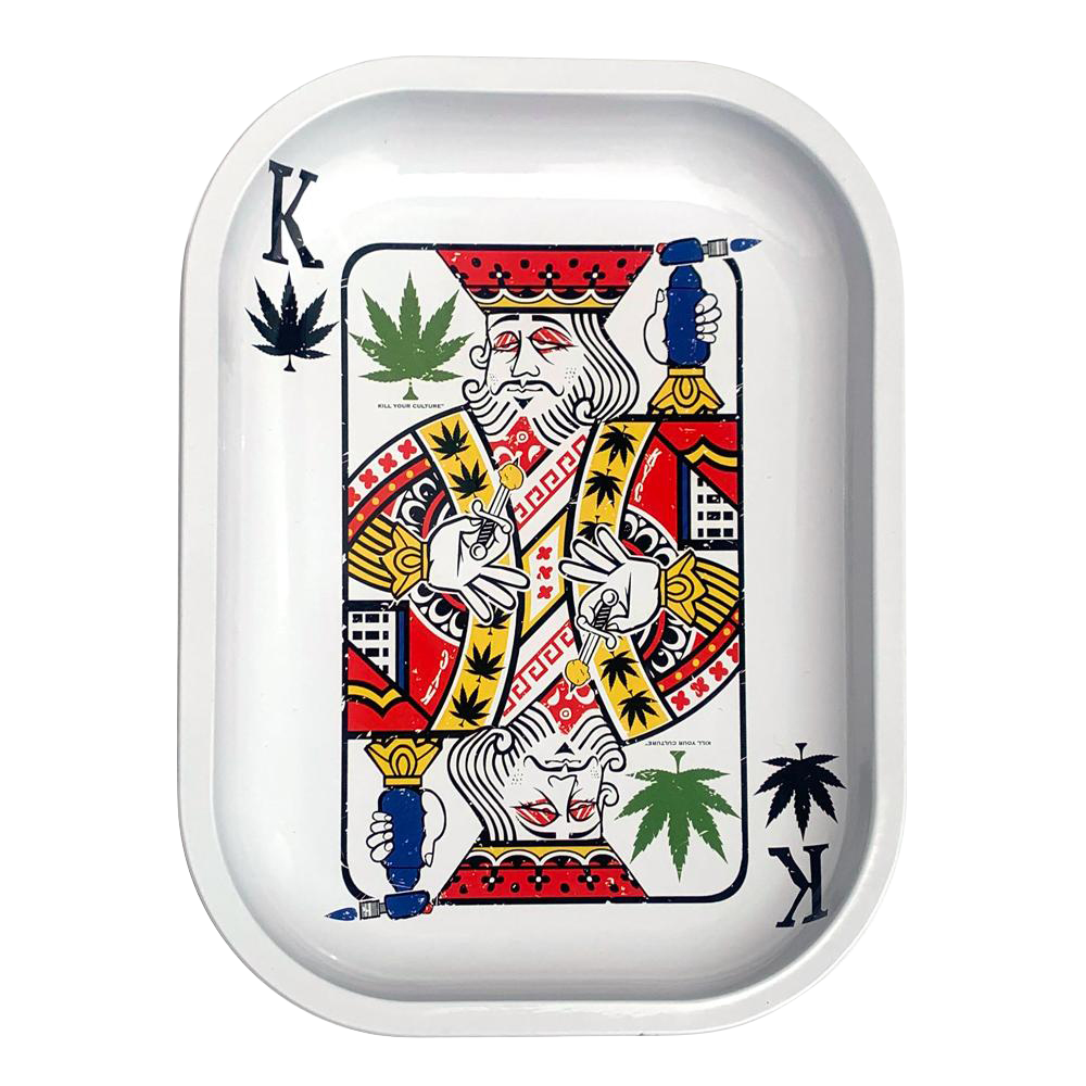 Overhead view of the “Kill Your Culture King of Concentrates” rolling tray, showcasing a bold graphic design on a metallic surface.