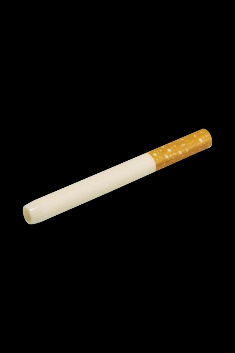 Diagonal side view of the Large Ceramic Cigarette Tobacco Taster, a white ceramic tube with a speckled tan filter end against a black background