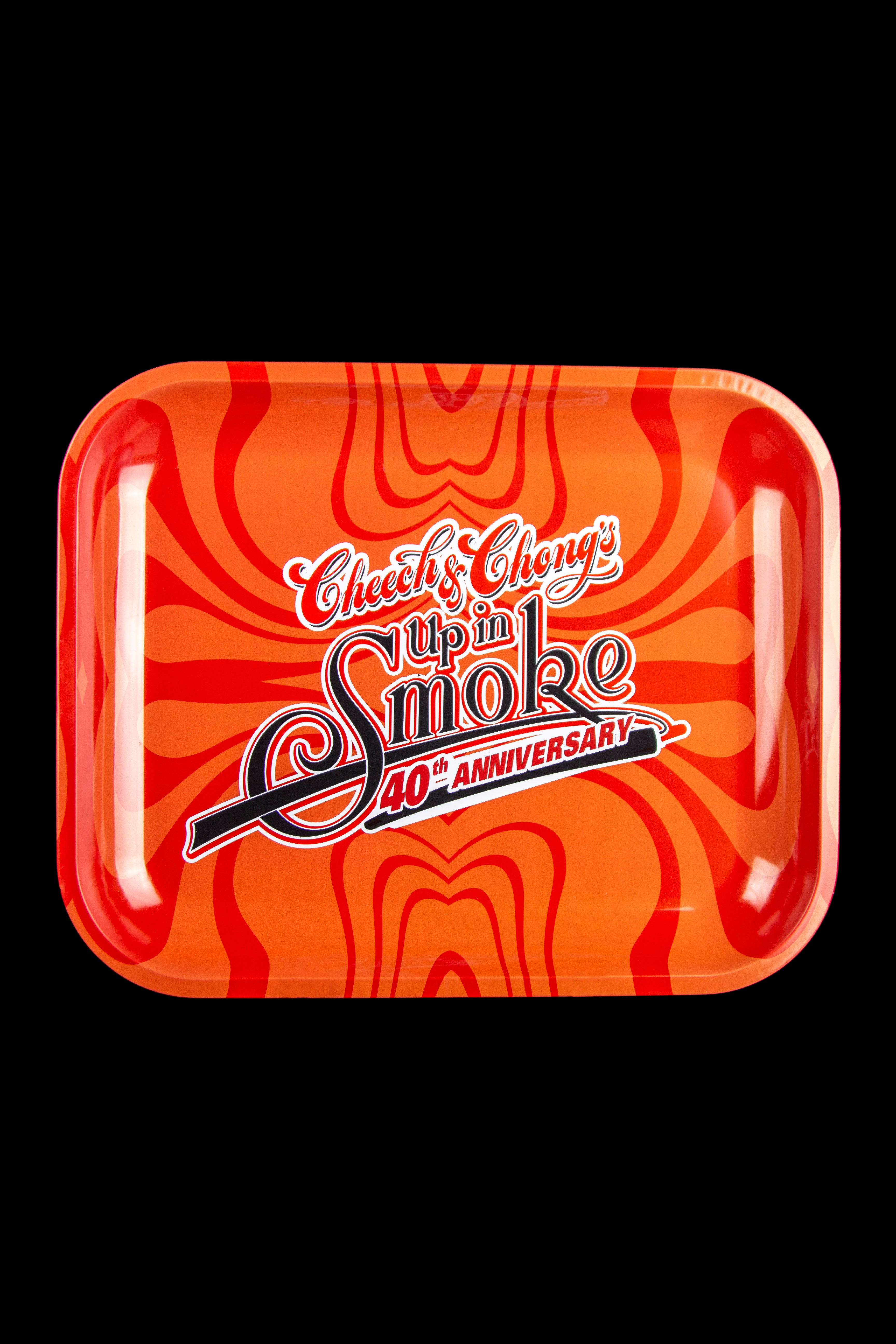 Red rolling tray with “Cheech & Chong’s Up in Smoke 40th Anniversary” logo. <start_of_image>