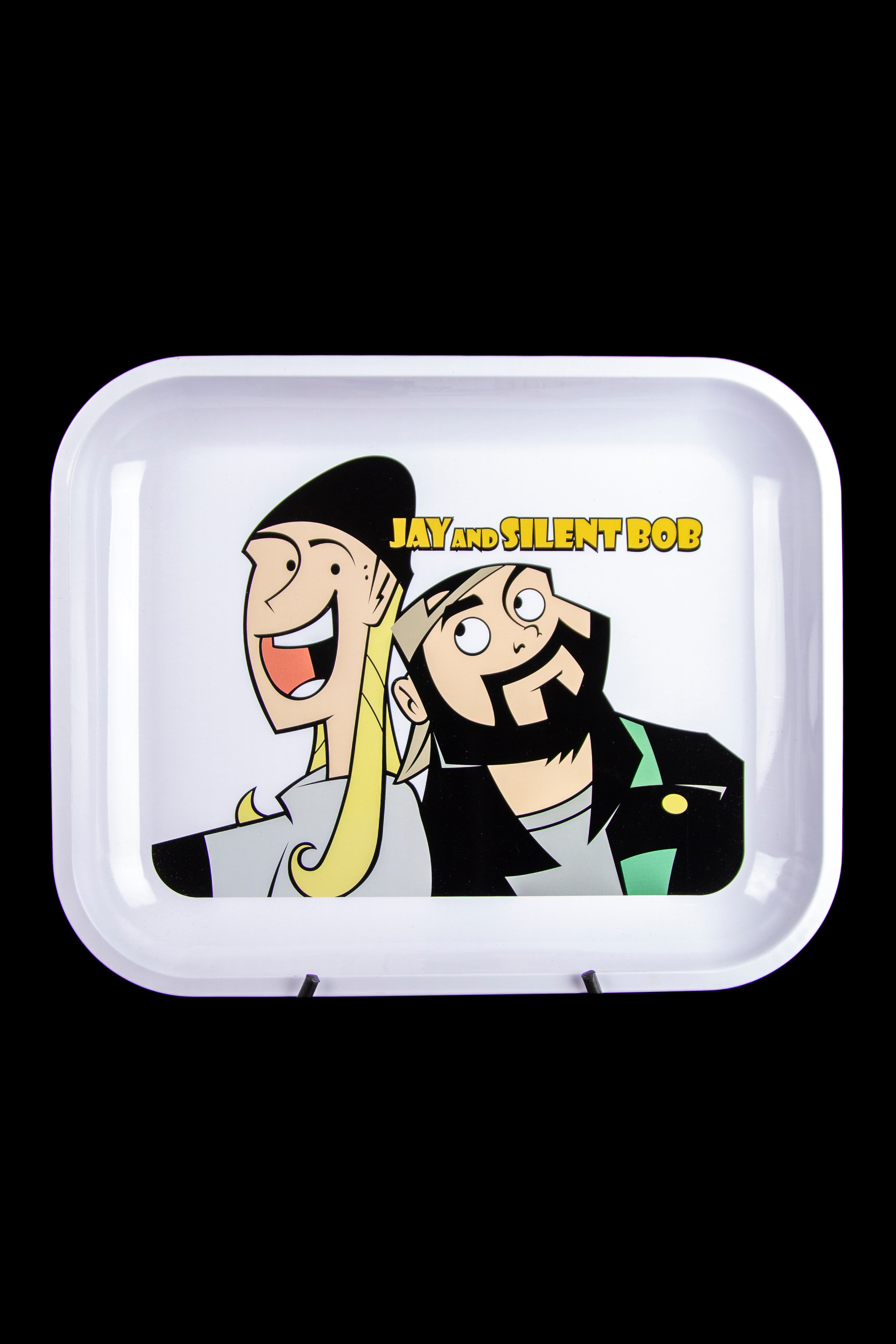 Tray featuring cartoon illustrations of Jay and Silent Bob from the film *Clerks*, likely used for cannabis accessories."
