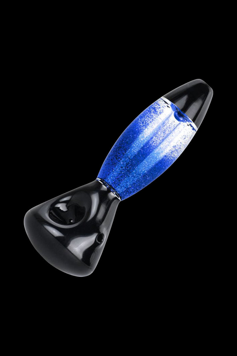 Blue glass pipe with glitter accents against a black background.