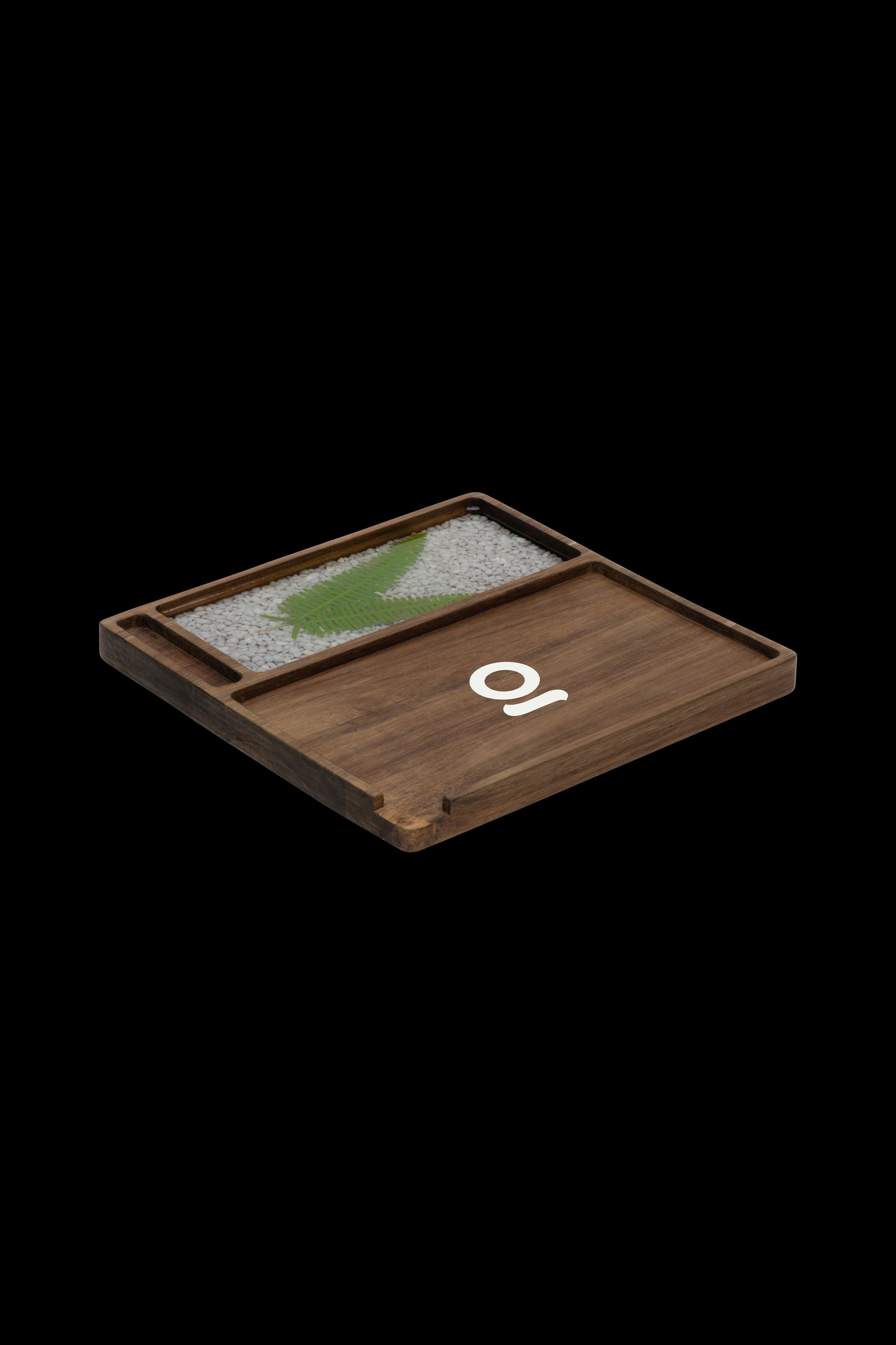 Wooden rolling tray with cannabis buds and white granules, featuring a stylized "01" logo.