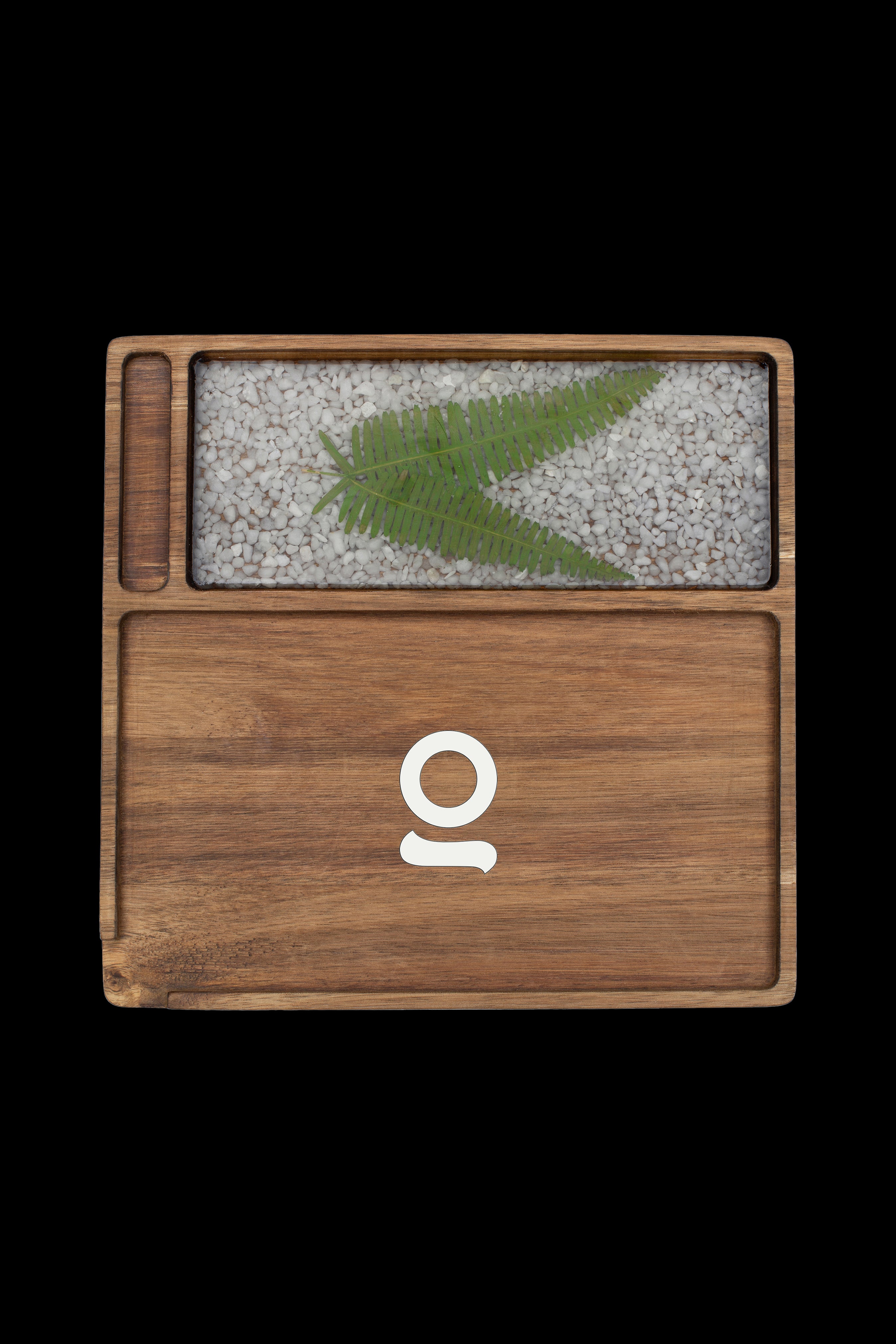Wooden cannabis storage box with a plant-fiber display section and a white omega symbol on the front.