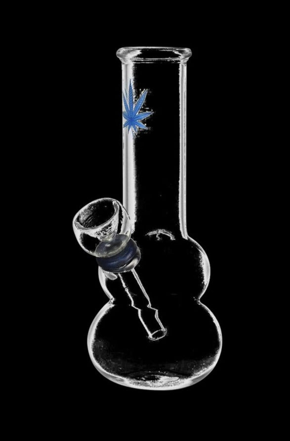 Front-facing image of a clear Lil Leaf Bubble Beaker Bong with a blue leaf decal on the neck against a black background