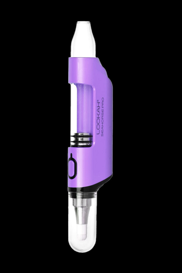 Purple Lookah Seahorse Pro portable dab rig with glass mouthpiece and heating element.