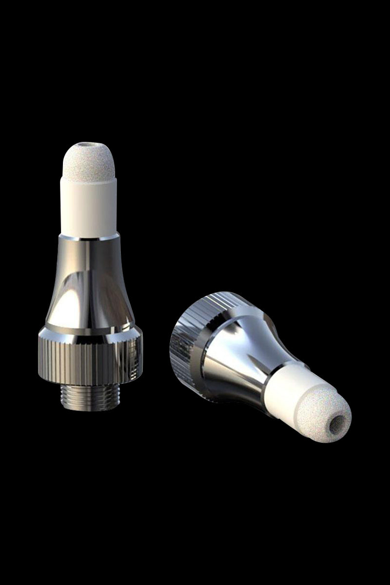 Close-up of the Lookah Seahorse PRO Quartz Coil, a small, metallic component with a white ceramic tip, angled against a black background.