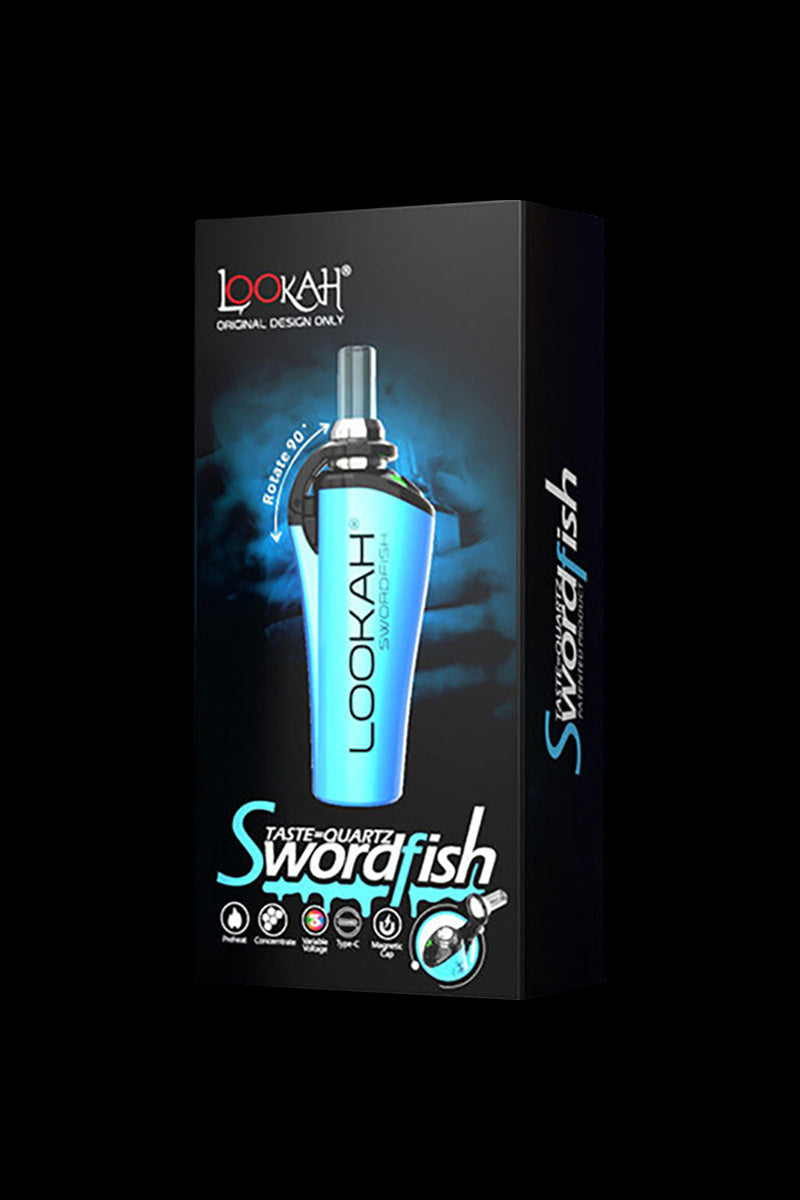 Three-quarter front view of the blue Lookah Swordfish Concentrate Vape Pen against a smoky black background.