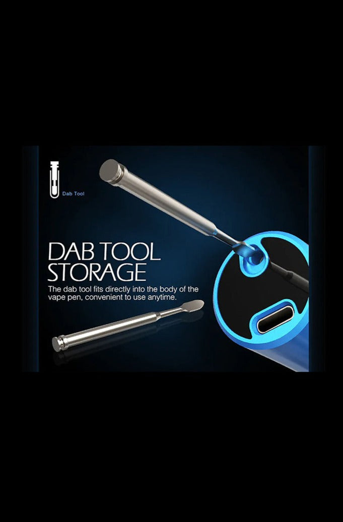 Angled close-up of a metal dab tool being inserted into the storage port of the Lookah Swordfish Concentrate Vape Pen.