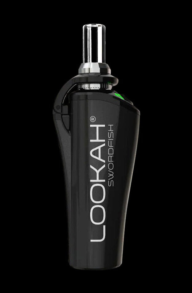 Center-frontal view of the blue Lookah Swordfish Concentrate Vape Pen against a black background, showing its glossy curved body and clear mouthpiece.