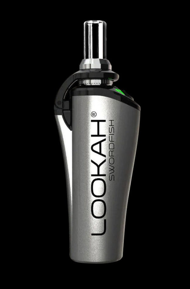 Center-frontal view of the metallic silver Lookah Swordfish Concentrate Vape Pen against a black background, showing its vertical logo and glass mouthpiece.