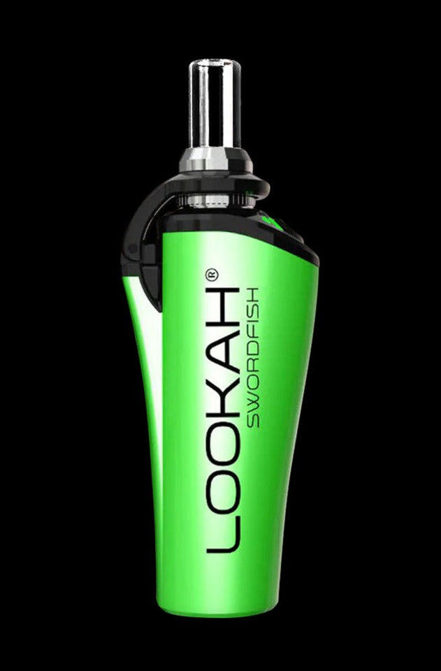 Vertical front view of the neon green Lookah Swordfish Concentrate Vape Pen against a black background, showing its glossy curved body and clear mouthpiece.