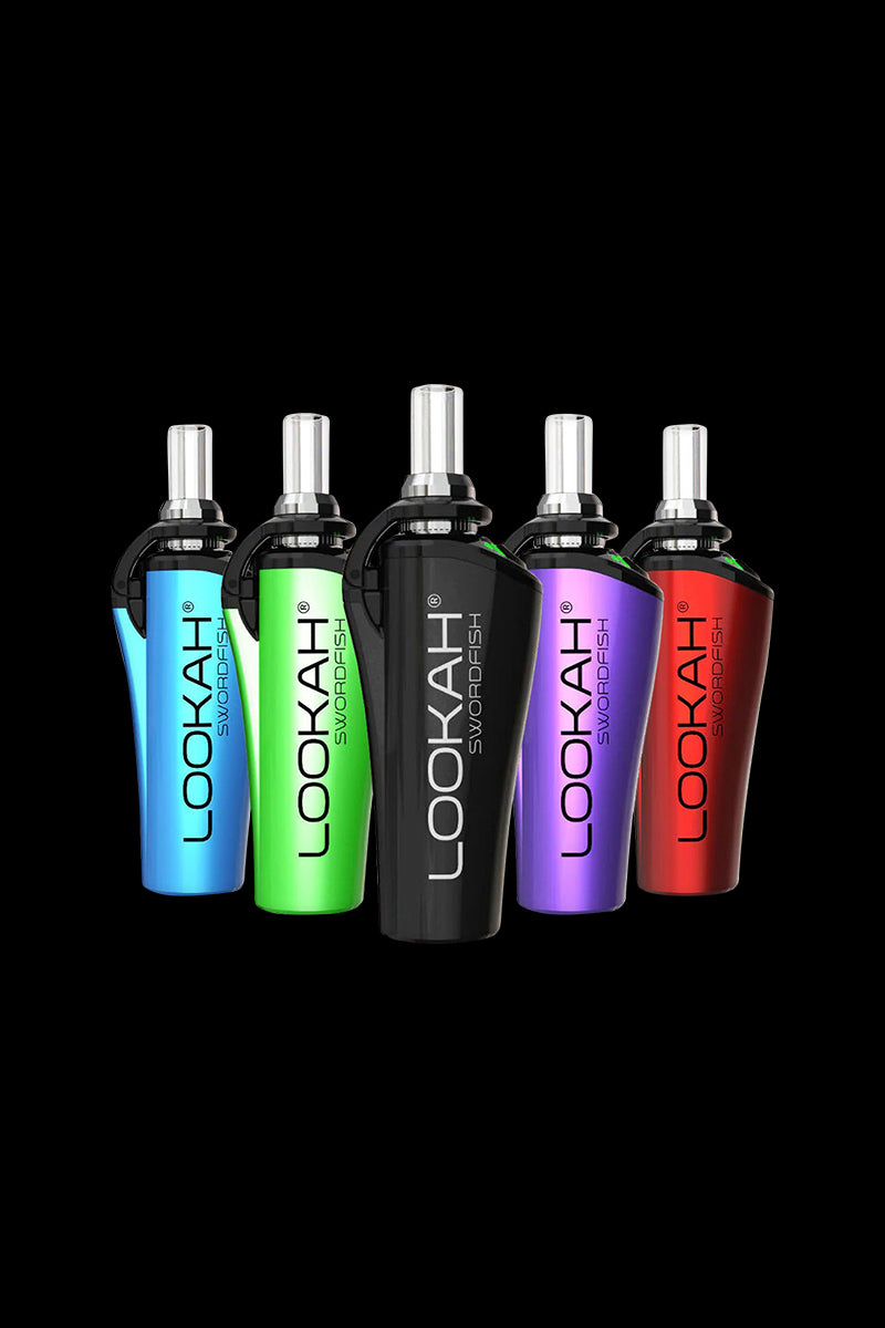 Front-facing lineup of five colorful devices with the Lookah Swordfish Concentrate Vape Pen centered in black and flanked by blue, green, purple, and red variants against a solid black background.