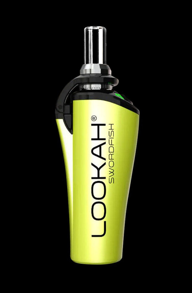 Studio-lit front view of the lime green Lookah Swordfish Concentrate Vape Pen against a black background.