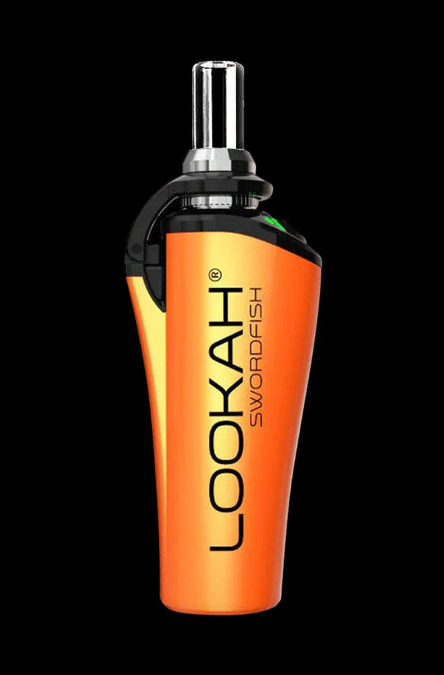 Centered front view of the purple Lookah Swordfish Concentrate Vape Pen against a black background, showing its glossy curved body and clear mouthpiece.