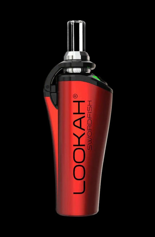 Centered front view of the red Lookah Swordfish Concentrate Vape Pen on a black background, showing its glossy curved body and clear mouthpiece.