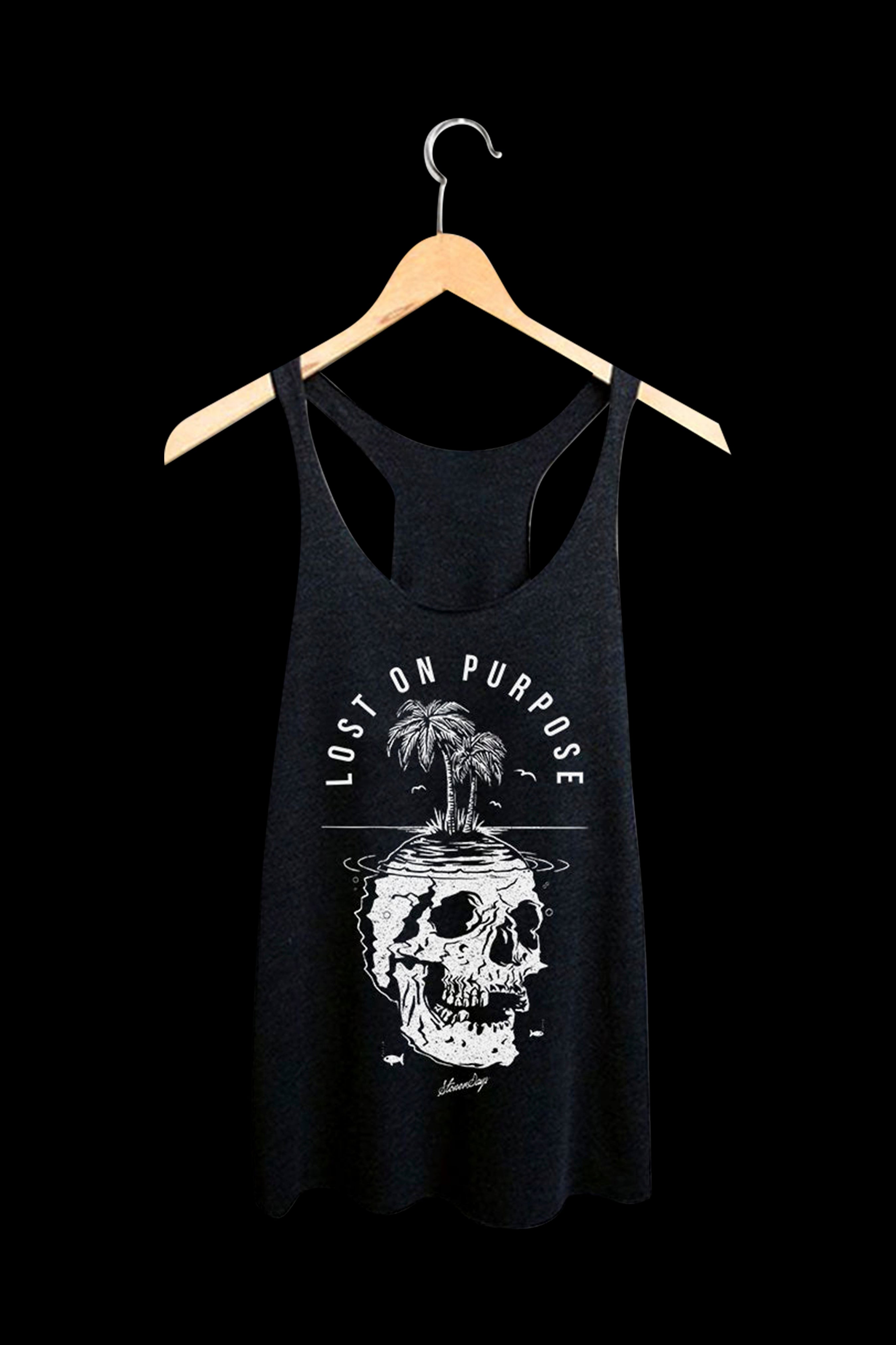 Black tank top with a white skull graphic and palm trees hanging over the eyes, reading "Lost on Purpose," hanging on a wooden hanger against a black background.