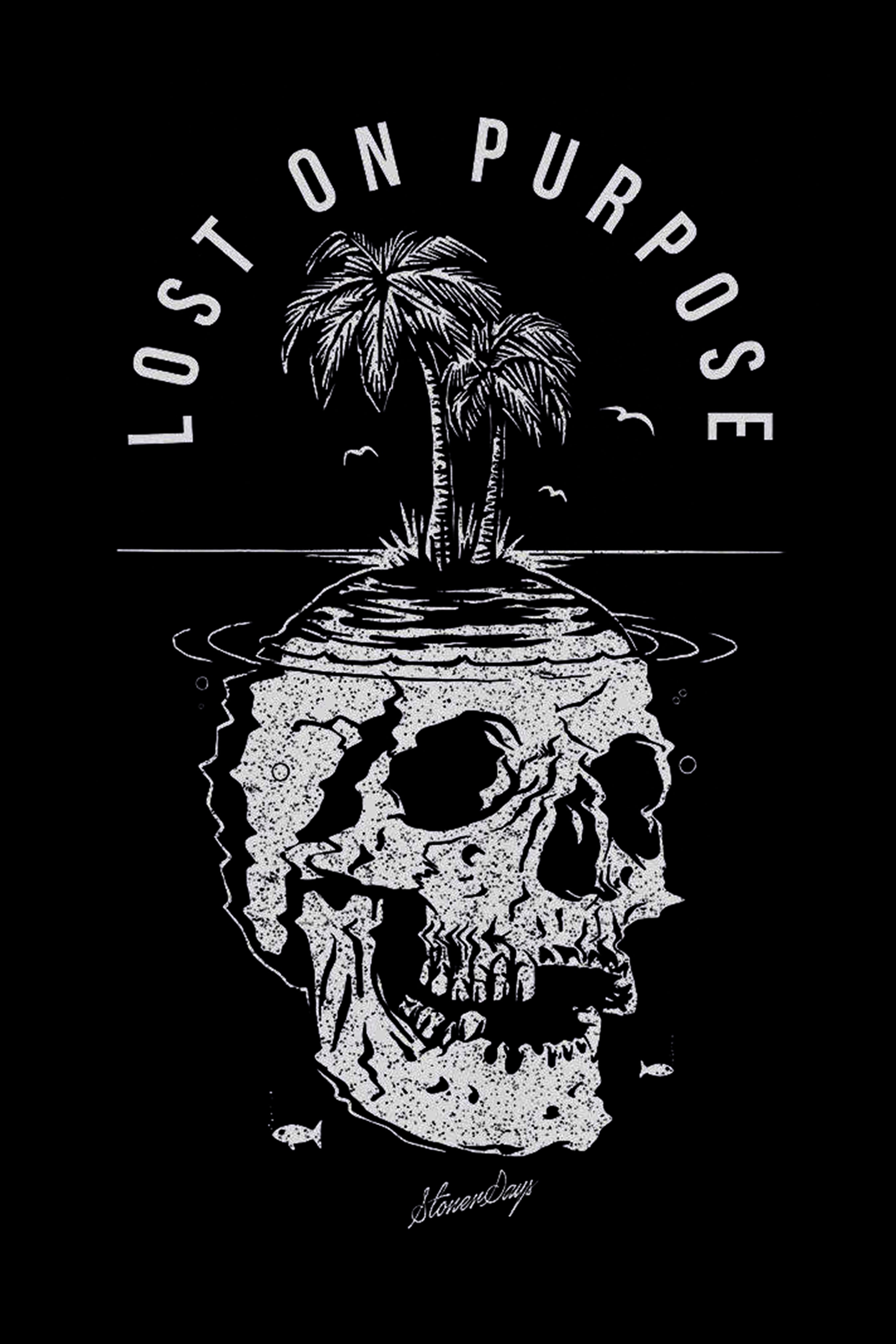 Distressed graphic of a skull with a tropical island scene inside, encircled by the text "LOST PURPOSE".