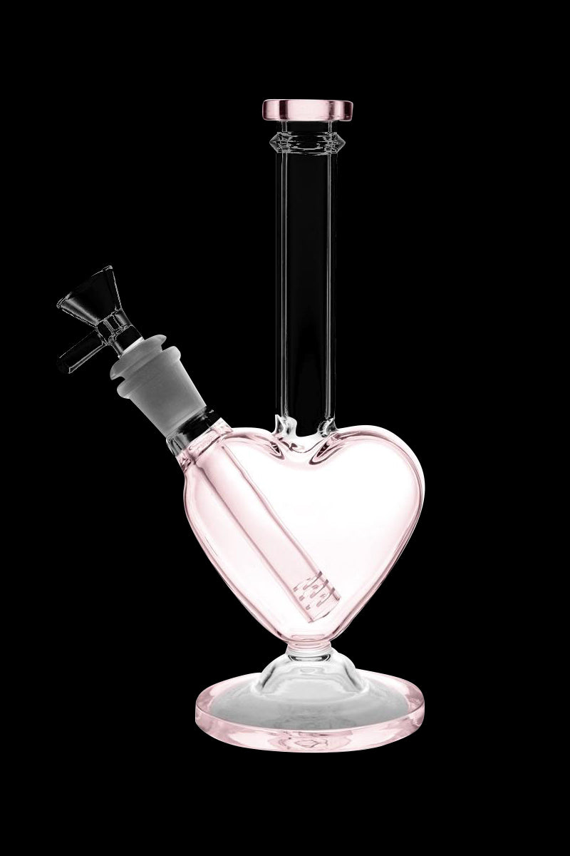 Front view of the Heart Shaped Glass Bong, a clear, heart-shaped water pipe with a flared base and smooth curves.