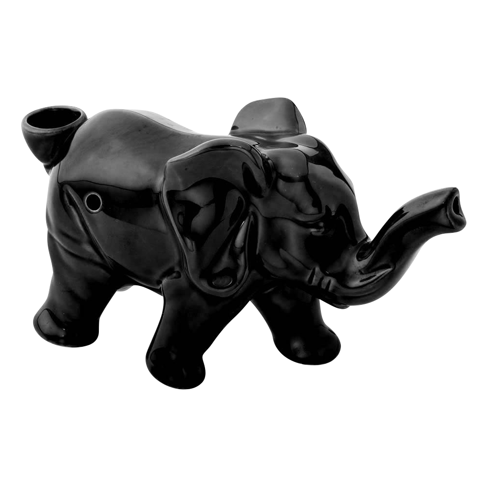 A three-quarter view of the Roast & Toast Lucky Elephant Ceramic Pipe, showcasing its glossy black finish and detailed sculpting.