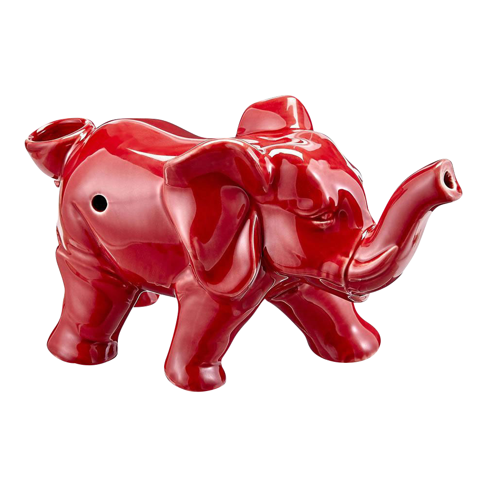 Front view of the Roast & Toast Lucky Elephant Ceramic Pipe, a red, sculpted elephant detailed as a ceramic pipe.