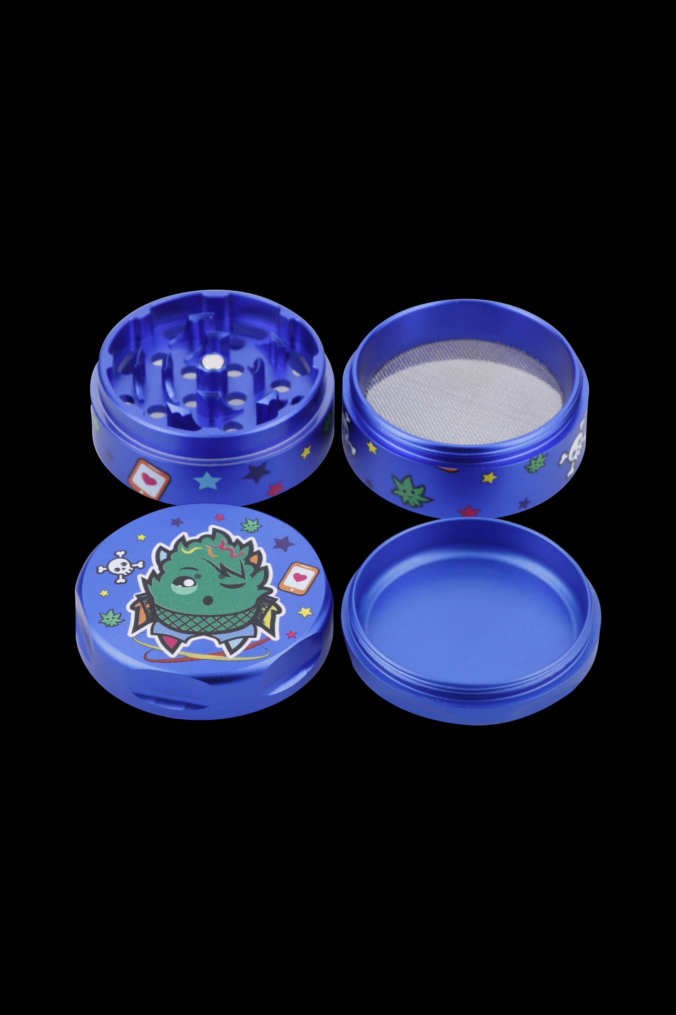 Blue four-piece cannabis grinder with colorful cartoon monster design.