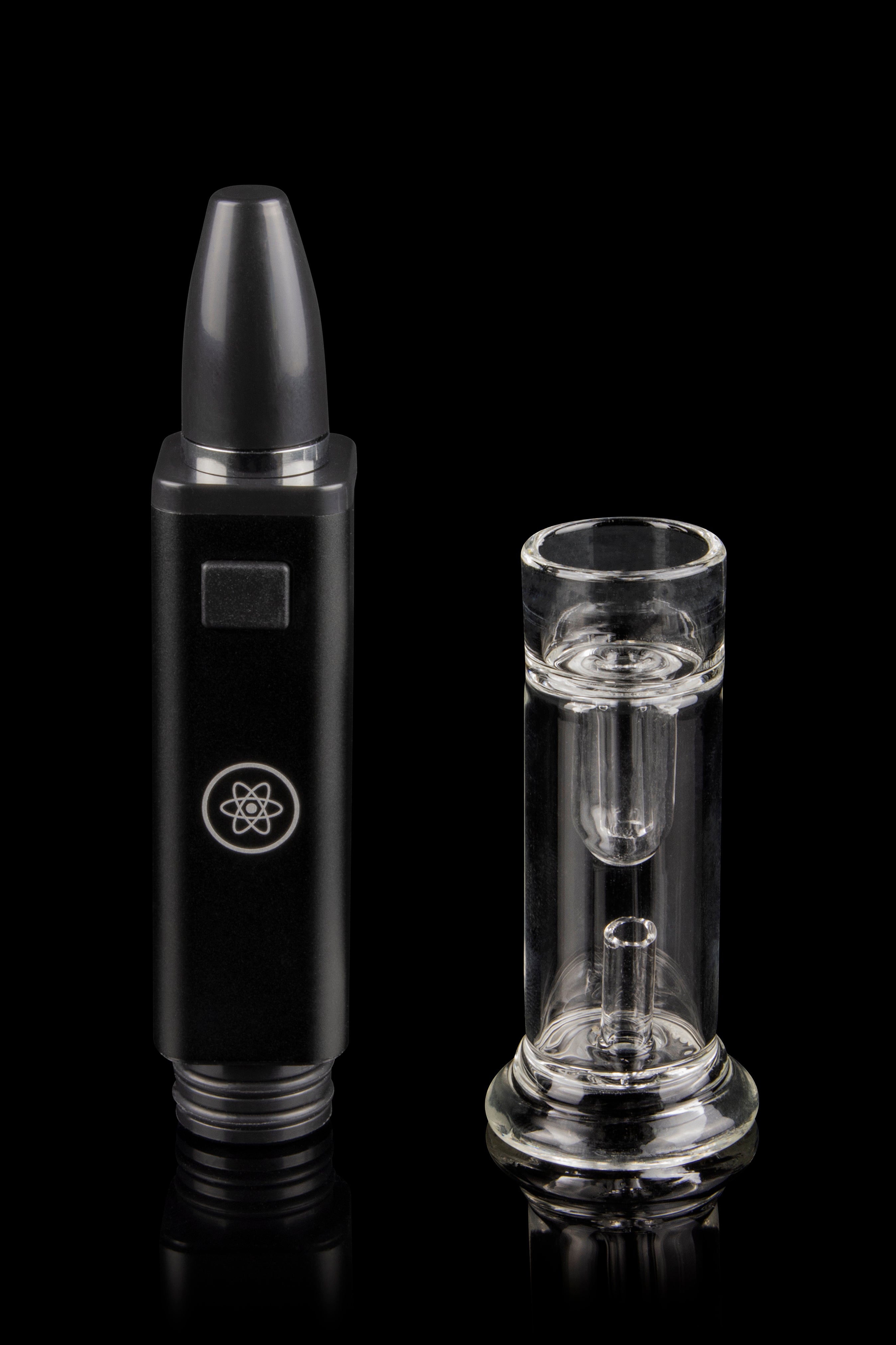 Black cannabis e-rig pen with a clear glass insert, studio shot on a reflective surface.