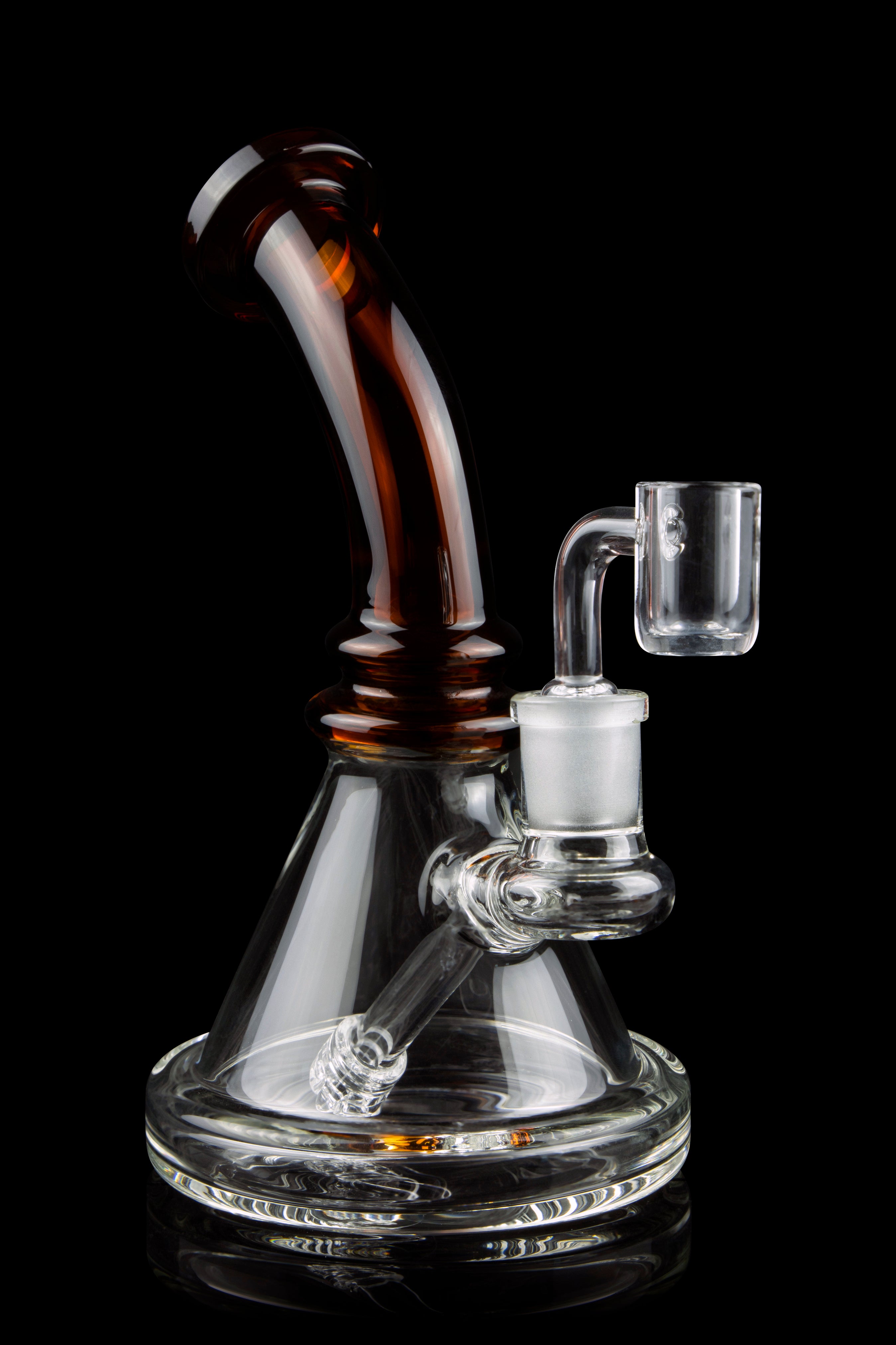 A glass bong with a flared base and amber-colored neck, featuring a quartz banger.