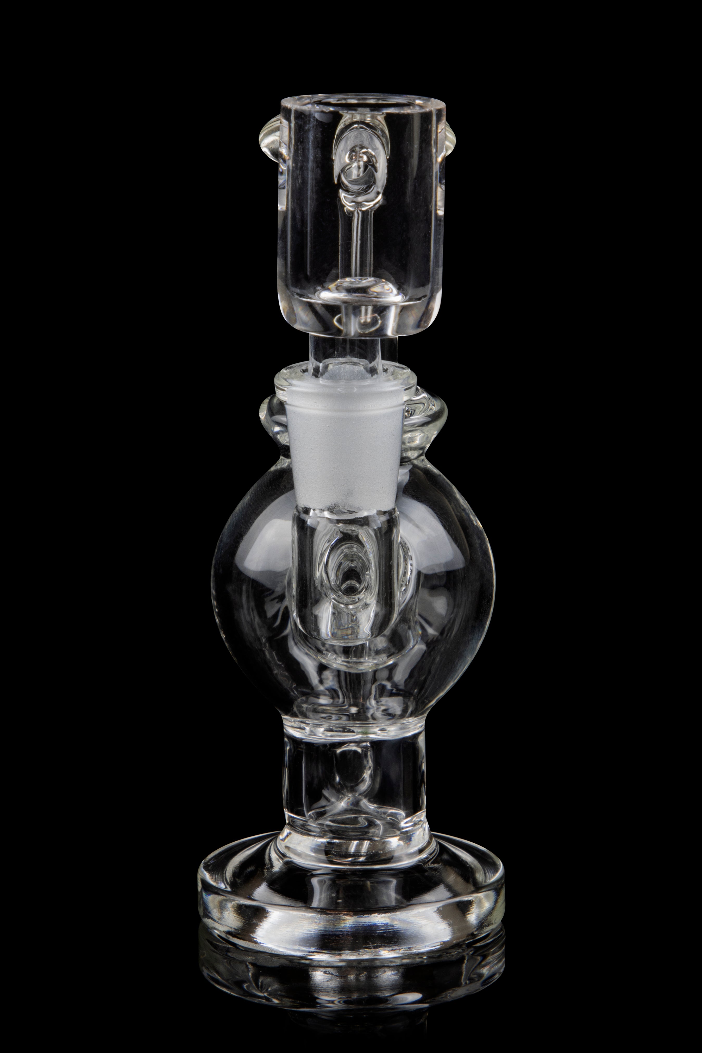 Clear glass bubbler with spherical chamber and intricate design.