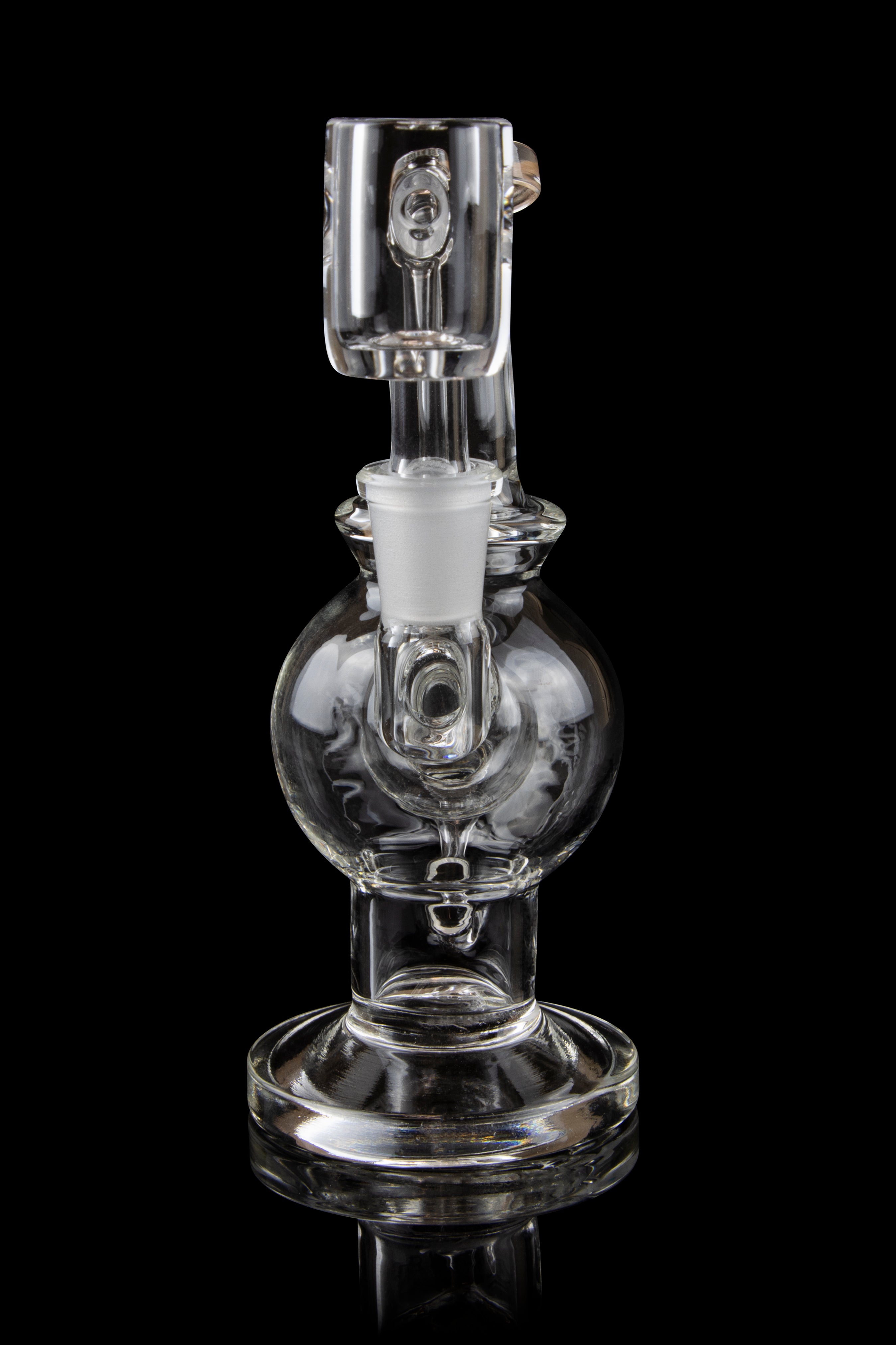 Clear glass water pipe (rig) with spherical percolator, isolated on black.